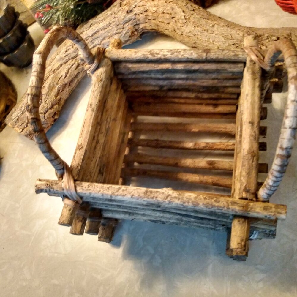 Rustic Read Wood Twig Primitive Accent Basket Planter - Picture 3 of 10